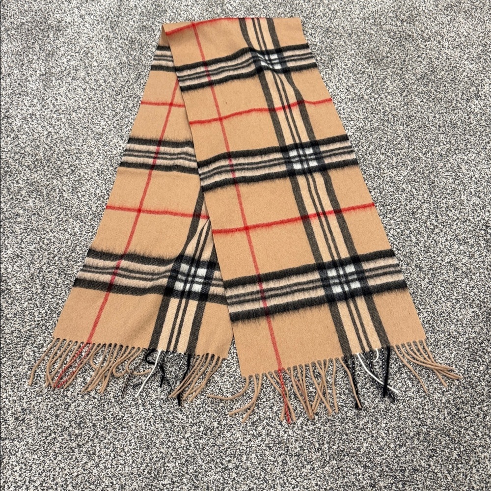Beautiful Wool Plaid Tan Red Black Scarf With Fringe